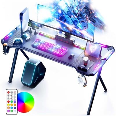 Gaming Bureau met RGB LED – 120 x 60 cm – Stabiel PC Bureau met Y-Poten, Carbon Look Tafelblad, Bekerhouder & Headsethaak, Inclusief Groot Muismat, tot 150 kg Belastbaar – Zwart