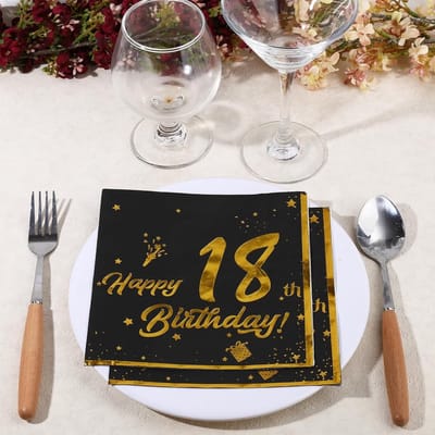 Servetten voor 18e Verjaardag - 40 Stuks Zwart met Gouden Letters, Tafeldecoratie voor Jubileum en Feest, Papieren Servetten voor Meerderjarigen