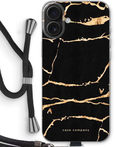 Case Company® - Hoesje met koord geschikt voor iPhone 16 Plus hoesje met Koord - Gouden marmer - Telefoonhoesje met Zwart Koord - Bescherming aan alle Kanten en Over de Schermrand