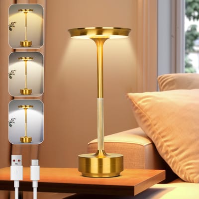 Rosnek Gouden Draadloze Tafellamp Oplaadbare met Touch Dimbaar - Geheugenfunctie - 3 Kleurtemperaturen - 28 cm Aluminium Bureaulamp Industrieel voor Thuis, Kantoor of Camping