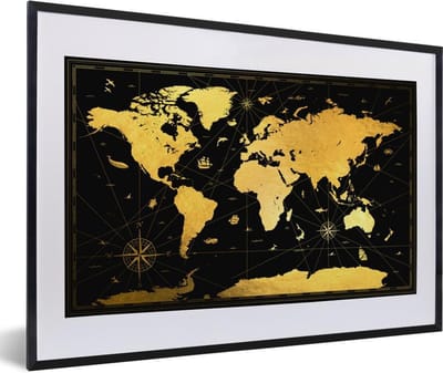 Poster in lijst - Fotolijst 60x40 cm - Posters - Wereldkaart - Goud - Zwart - Luxe - Posterlijst zwart - Decoratie - Wanddecoratie woonkamer - Muurdecoratie slaapkamer