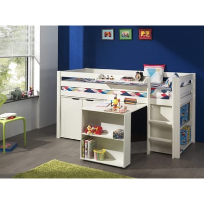 LUCEVI - Pino Halfhoogslaper + Ladder + Bureau + Boekenkast + Commode 2 deuren + Hangplank - Wit - 90x200 cm