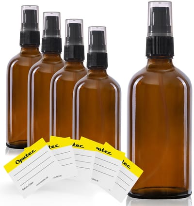 Oputec 5 x 100ml pompflessen – bruine glazen crèmespender & lotionspender – navulbaar & herbruikbaar – met etiketten – dicht & reisvriendelijk