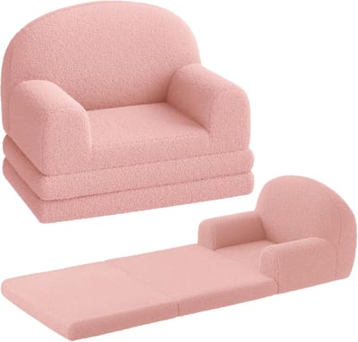 2-in-1 kinderverelbank - opvouwbare kinderfauteuil & ligstoel van schuim, zachte sherpa stof, licht & veilig voor kinderkamer - Roze