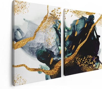 Artaza Canvas Schilderij Tweeluik Abstracte Kunst - Zwart Wit met Gouden Strepen - 120x80 cm - Wanddecoratie Woonkamer - Schilderijen - Muurdecoratie