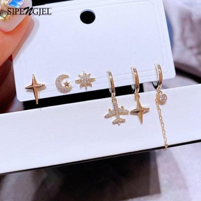 Ensemble de 6 pièces tendance Boucles d'oreilles créoles Lune Étoile Géométriques Avion Pendantes Boucles d'oreilles créoles Pour Femmes Bijoux or