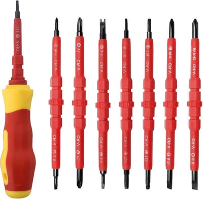 Complete 7-in-1 Isolatieschroevendraaierset voor Elektriciens - Onderhoudsset met Verwisselbare Blades, Reparatietools en Ergonomisch Handvat voor Efficiënt Werk
