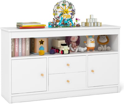 COSTWAY Speelgoedkast voor kinderen, kinderrek van hout, kinderkast met 2 laden en 2 deuren, speelgoedorganizer, opbergkast voor kinderkamer, slaapkamer, 106 x 30 x 62 cm, wit