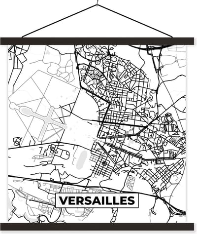 Posterhanger incl. Poster 60x60 cm - Schoolplaat - Stadskaart - Plattegrond - Versailles - Kaart - Frankrijk - Zwart wit - Textielposter - Zwarte latten - Stadskaart