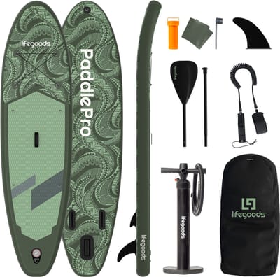 LifeGoods SUP Board Allround Compact - 120 KG Draagkracht - 300 x 76 cm - Opblaasbaar - Compleet SUP pakket - Groen/Legergroen