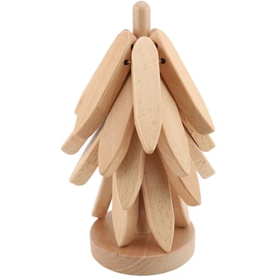 Houten Onderzetter Set van 4 met Standaard Stapelbaar voor Kopje Heet Gerecht Pot Kom Theepot Eik(Hazelnootbruin) Original Wood Color