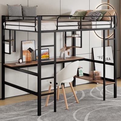 Metalen bedframe van 90x200 cm, smeedijzeren bed met bureau, hoogslaper met vier kleine plankjes en een grote boekenkast, geschikt voor kinderen, tieners en volwassenen, zwart.