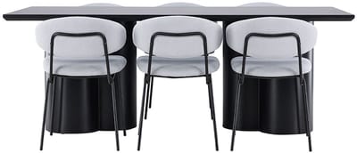 Olivia eethoek tafel 100x210cm en 6 bouclé stoelen zwart.
