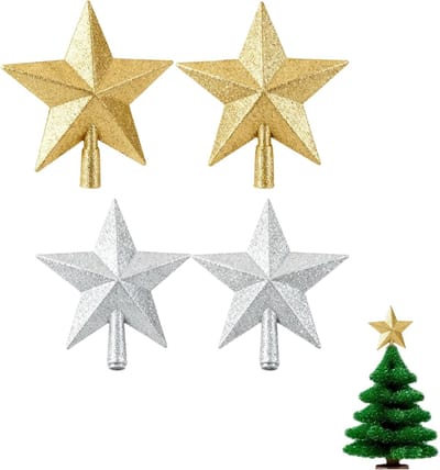 4 stuks Kerstboompiek met gouden glitter, Kerstboom decoratie sterren – boomtop sterren goud en zilver – 10 cm kerstboom piek – glinsterende kerstdecoratie voor woonkamer, winkel of feestelijke tafel