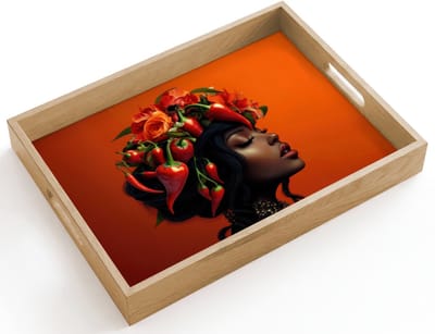 Dienblad hout 40x30 cm - Schootdienblad - Vrouw - Chilipepers - Pepers - Bloemen - Borrelplank rechthoek - Plateau dienbladen