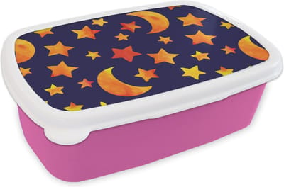 Broodtrommel Roze - Lunchbox - Brooddoos - Sterren - Nacht - Patronen - Kind - 18x12x6 cm - Kinderen - Meisje