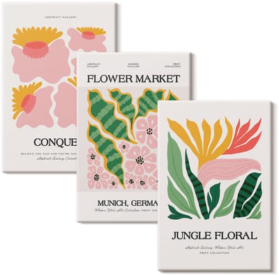 Wallfluent Set van canvas schilderijen - Bloemen en bladeren in moderne stijl posters Canvas Schilderijen Set - set 3 stuks 20x30 cm - Roze Set van Canvas Prints - Natuur Canvas Kunst Set - Boheemse Canvas Kunst Set