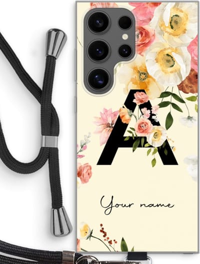 Gepersonaliseerd - Case Company® - Hoesje met koord geschikt voor Samsung Galaxy S24 Ultra hoesje met Koord - Flirty Flowers Monogram - Telefoonhoesje met Zwart Koord - Bescherming aan alle Kanten en Over de Schermrand