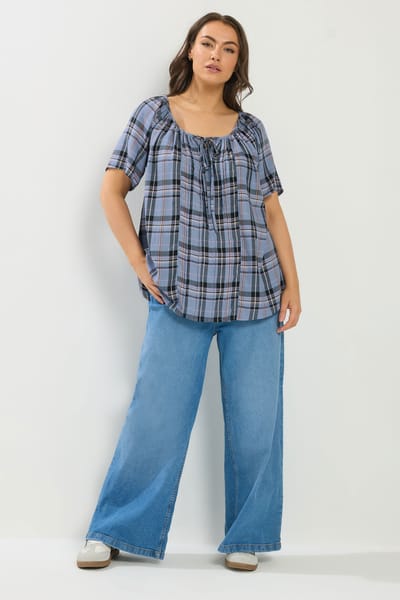 Yours Blauwe Geruite Pintuck Blouse Size 42