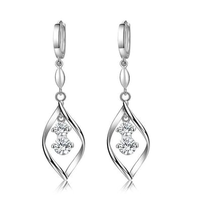 Tibri 483 - Oorbellen dames - Zilverkleurige oorhangers met dubbele Zirkonia steentjes - Dames oorbellen