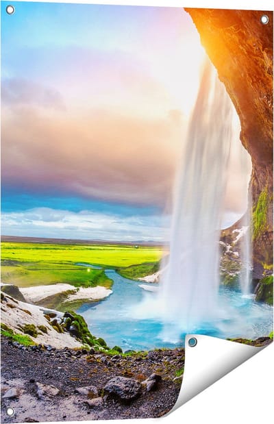 Gards Tuinposter Waterval van een Klif bij Zonsondergang - 60x80 cm - Tuindoek - Tuindecoratie - Wanddecoratie buiten - Tuinschilderij