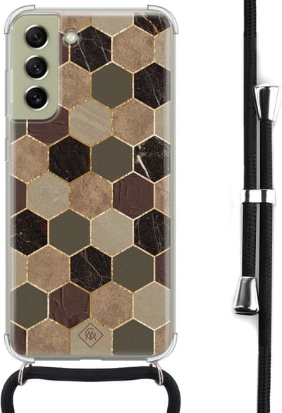 Casimoda® hoesje met koord - Geschikt voor Samsung S21 FE - Kubus Groen Bruin - Afneembaar koord - Siliconen/TPU - Bruin/beige