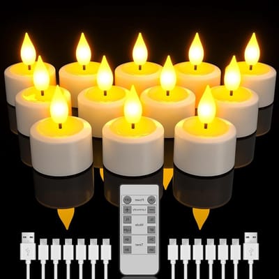 Oplaadbare Theelichten met Afstandsbediening, 12 Stuks LED Vlamloze Theelichten met Timer en USB-C Oplaadkabels voor Thuis, Feestjes en Decoraties voor Halloween en Kerst