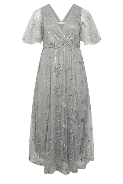 Yours London Curve Zilveren Maxijurk Met Hemelsblauwe Pailletten Size 42