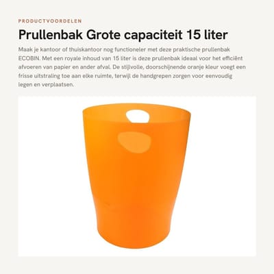 Dailygoods- Prullenbak 15 liter - Prullenbak met handgrepen - Afvalbak voor kantoor - Doorscheidend tangerine oranje - Eenvoudig te legen - Gemakkelijk te reinigen