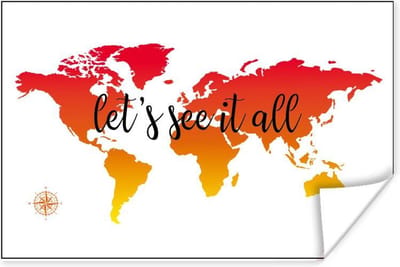 Poster 30x20 cm - Wereldkaart - Zonsondergang - Kompas - Posters - Kamer decoratie - Wanddecoratie woonkamer - Muurdecoratie slaapkamer