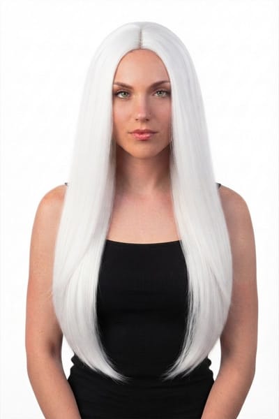 KIMU® Luxe Lange Witte Pruik - Middenscheiding - Haarwerk Krullen Pony - Wit Grijze Grijs Halloween Oud Witgrijs Festival