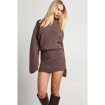 boohoo Dames Ingetrokken zoom Hoge Hals Gebreide Mini-jurk | Chocoladebruin | Maat: Medium