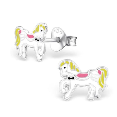 Aramat Jewels | Oorbellen | Zilveren Paarden Oorbellen Wit Geel Emaille – 9x7mm 925 Zilver | | | |9mm | Zilver | Kinderen, Volwassenen | Verkleurd niet