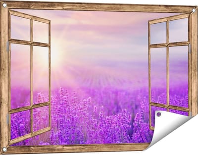 Gards Tuinposter Doorkijk Bloemenveld met Paarse Lavendel - 90x60 cm - Tuindoek - Tuindecoratie - Wanddecoratie buiten - Tuinschilderij