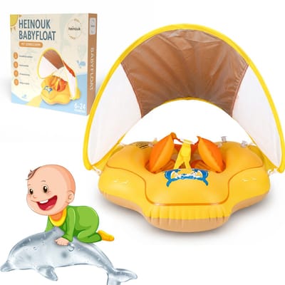 Heinouk® Baby Float met Zonnekap – Baby Zwemband Geel – Veilig Baby Zwemmen – Opblaasbare Zwemring met UV Bescherming