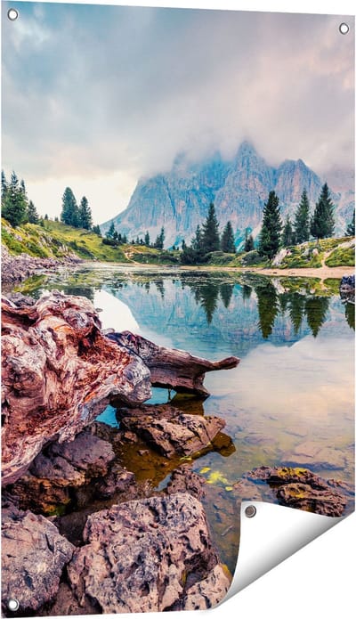 Gards Tuinposter Meer met Rotsen in de Alpen Bergen - 60x90 cm - Tuindoek - Tuindecoratie - Wanddecoratie buiten - Tuinschilderij