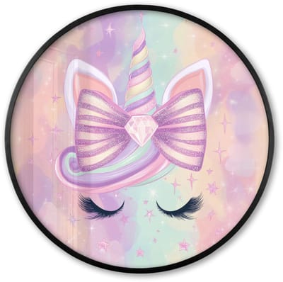 Poster in lijst Rond - Fotolijst 60x60 cm - Posters - Eenhoorn - Glitters - Regenboog - Pastel - Ronde posterlijst zwart - Decoratie - Wanddecoratie woonkamer - Muurdecoratie slaapkamer