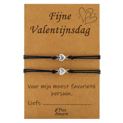 Koppel Armbandjes voor 2 "Fijne Valentijnsdag" - Kleine Hartjes - BFF Armbandjes met Cadeau Kaartje - Zwart & Zilverkleurig - Elastisch Verstelbaar - Pax Amare