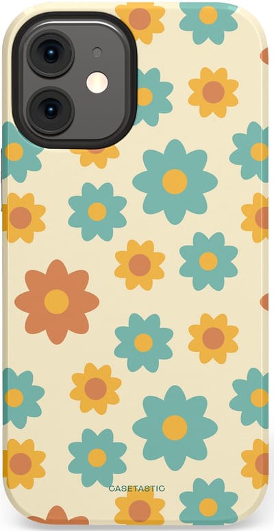 Casetastic hoesje geschikt voor Apple iPhone 12 Mini - Dubbellaagse bescherming - Retro bloei - Fashion Case - Crème Mintgroen Goud Perzik