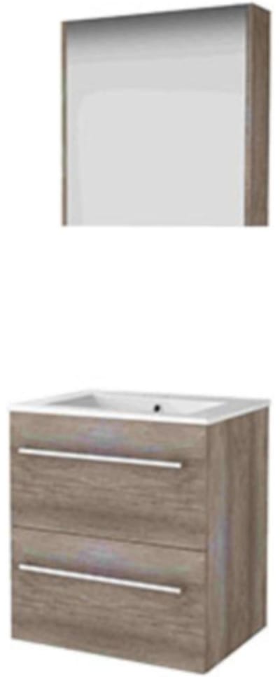 Basic-Line Comfort 46 Badkamermeubelset - 60 x 46 cm - Met Grepen - 2 Lades - Keramische Wastafel - 1 Kraangat - Spiegelkast - Scotch Oak