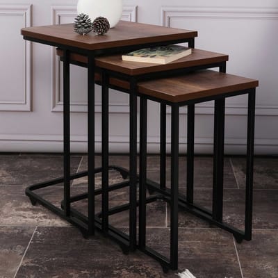 Ce Metal Zigon Bijzettafels (3 Stuks) Met Metalen Frame In Walnoot - Emob - Bijzettafel - Bruin - MDF