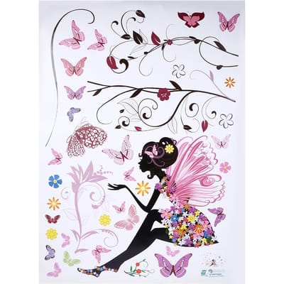PVC Muursticker Fee Bloem Vlinder Vinyl Kunst Sticker Meisjesslaapkamer Huisdecoratie Verwijderbaar white
