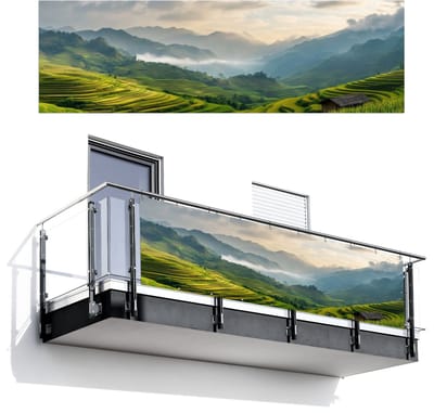 Balkonscherm 300x95 cm - Balkonposter Rijstvelden - Bergen - Groen - Natuur - Balkon scherm decoratie - Balkonschermen - Balkondoek zonnescherm