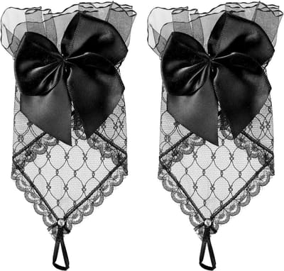 Zwarte Vingerloze Kant Handschoenen voor Vrouwen met Boog en Bloemenprint voor Bruiloft, Prom en Cosplay