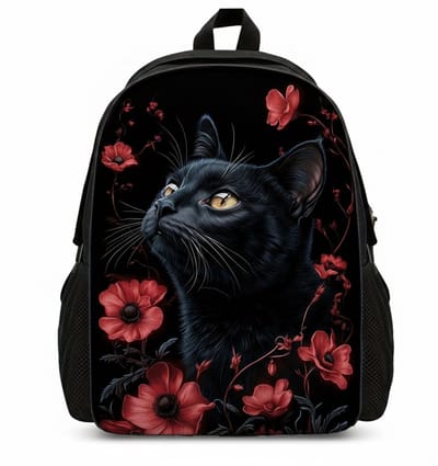 Katten Rugzak | Kattenpatroon Rugtas | Kat met Bloemen Rugzak | Maan Rugzak | Gave Rugzak | Dieren Rugzak | Rugzak Meisjes | Rugzak Jongens | Mooie rugzakken met katten | 15 - 20 liter | Kinder Rugzak