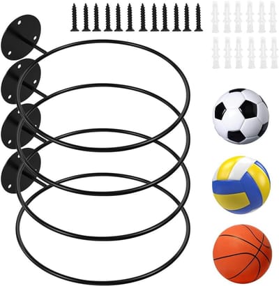 Set van 4 metalen ballonhouders met schroef en ronde frame voor sportballen, opslag voor voetbal, rugby en volleybal
