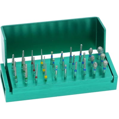 Set de 30 Fraises Dentaires Diamantées avec Support en Aluminium pour Turbine Dentaire Désinfection Autoclavable