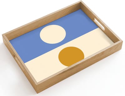 Dienblad hout 40x30 cm - Schootdienblad - Cirkels - Symmetrisch - Wit - Blauw- Geel - Borrelplank rechthoek - Plateau dienbladen