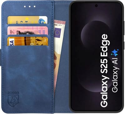 Rosso Element Geschikt voor Samsung Galaxy S25 Edge | Wallet Book Case | Portemonnee Hoesje | 3 Pasjes | Magneetsluiting | Stand Functie | Blauw