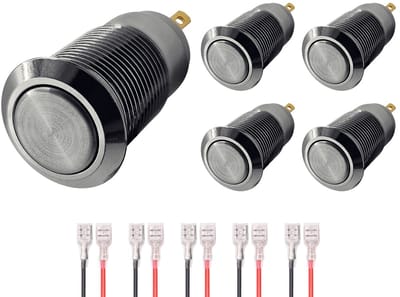ProRide Mini Pulsschakelaar Normally Open - 12mm Metaal - 12V/24V - Platte Knop - Met Kabels - Zilver - 5 stuks